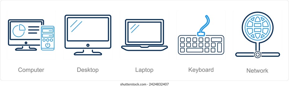 A set of 5 Internet Computer icons as computer, desktop, laptop