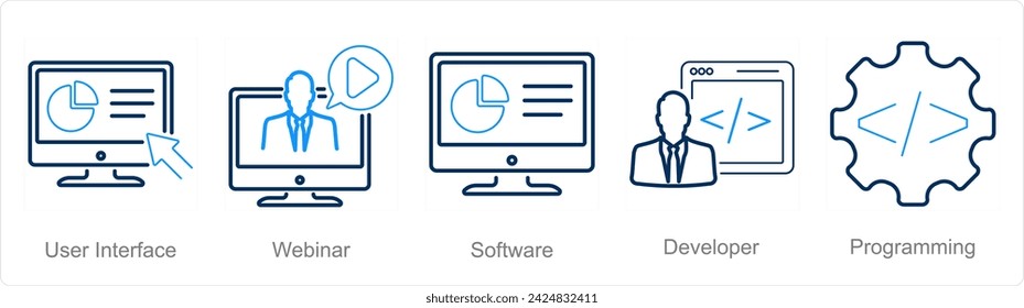 A set of 5 Internet Computer icons as user interface, webinar, software