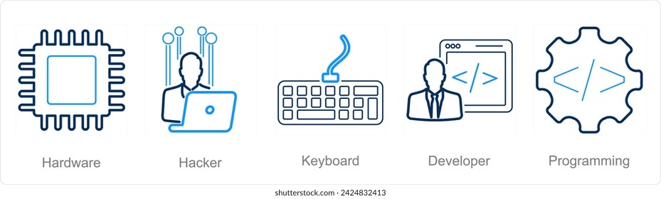A set of 5 Internet Computer icons as hacker, keyboard, developer