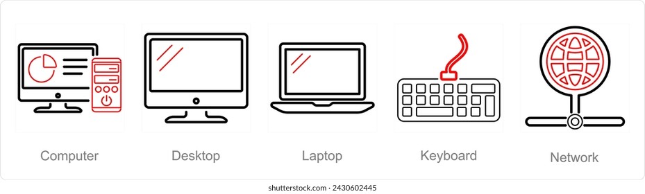 A set of 5 Internet Computer icons as computer, desktop, laptop