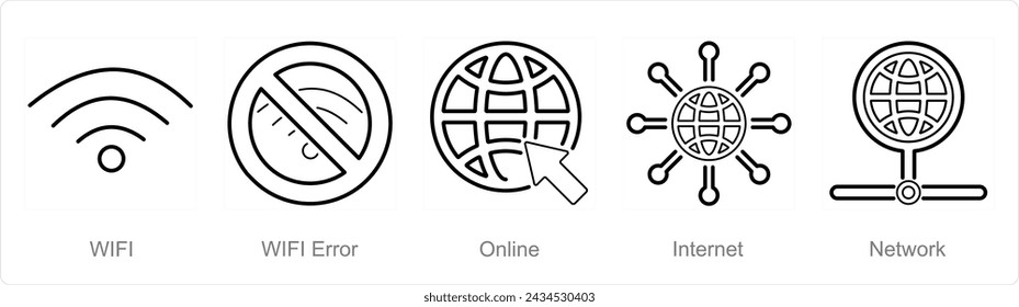 A set of 5 Internet Computer icons as wifi, wifi error, online