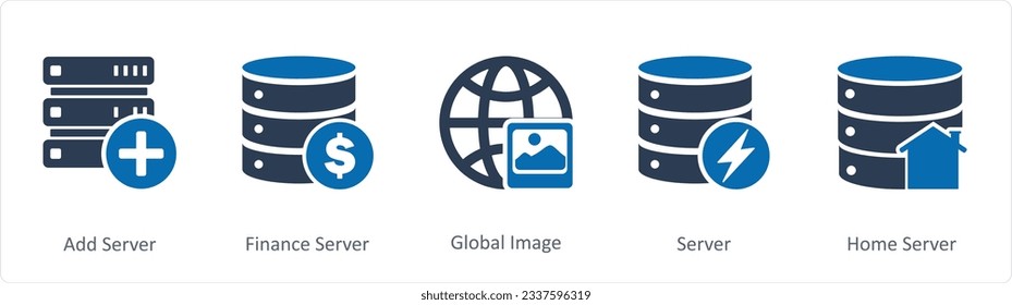 A set of 5 Internet icons as add server, finance server, global image