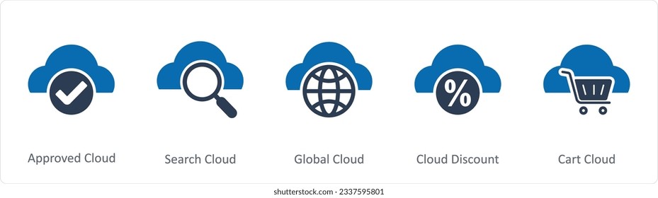 A set of 5 Internet icons as approved cloud, search cloud, global cloud