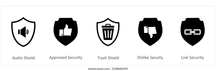 Un conjunto de 5 iconos de Internet como escudo de audio, seguridad aprobada, escudo de basura