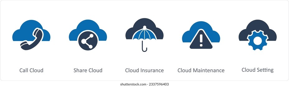 Un conjunto de 5 iconos de Internet como nube de llamadas, nube compartida, seguro de nube