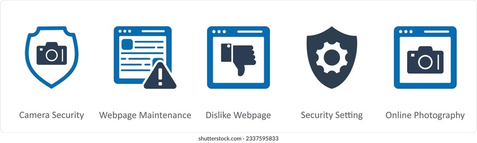 Ein Satz von 5 Internet-Symbolen wie Kamerasicherheit, Webseitenwartung, nicht wie Webseiten