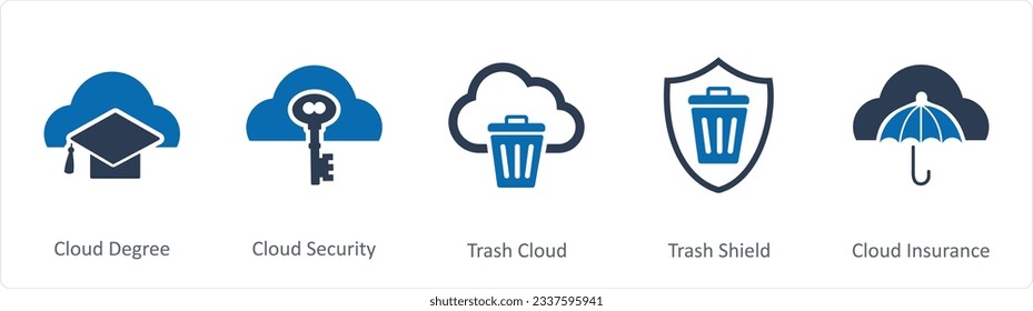 Un conjunto de 5 iconos de Internet como grado de nube, seguridad en la nube, nube de basura