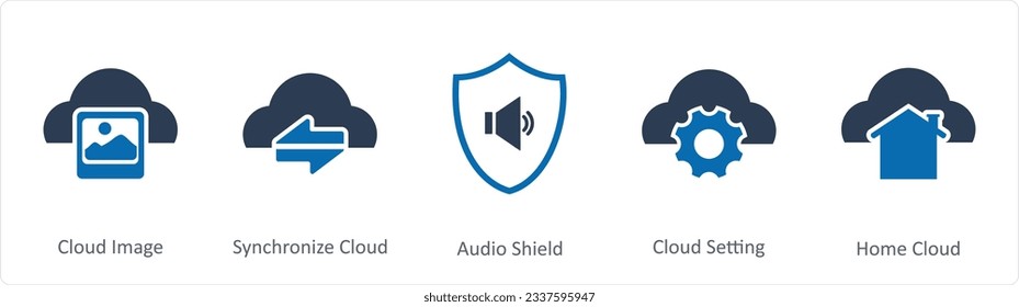 Un conjunto de 5 iconos de Internet como imagen en la nube, sincronización de nube, pantalla de audio
