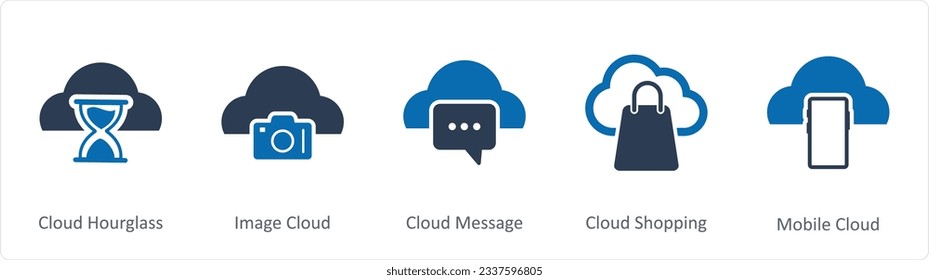 A set of 5 Internet icons as cloud hourglass, image cloud, cloud message