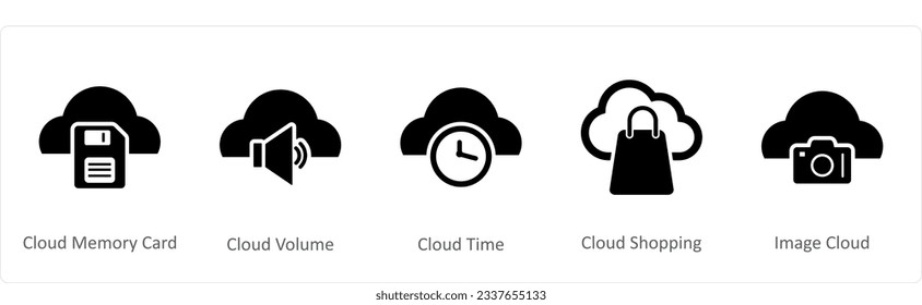 Un conjunto de 5 iconos de Internet como tarjeta de memoria en la nube, volumen en la nube, tiempo en la nube