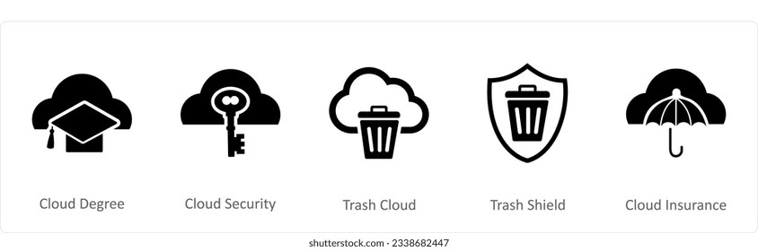 Un conjunto de 5 iconos de Internet como grado de nube, seguridad en la nube, nube de basura