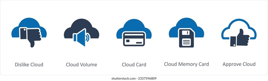 A set of 5 Internet icons as dislike cloud, cloud volume, cloud card