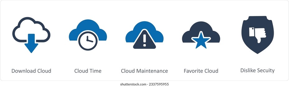 A set of 5 Internet icons as download cloud, cloud time, cloud maintenance