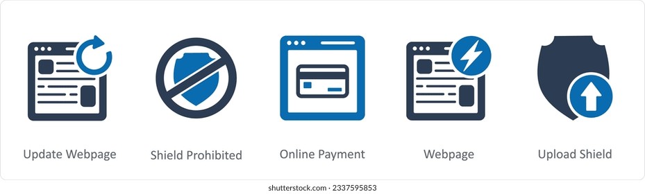 A set of 5 Internet icons as favorite shield, webpage prohibited, download shield