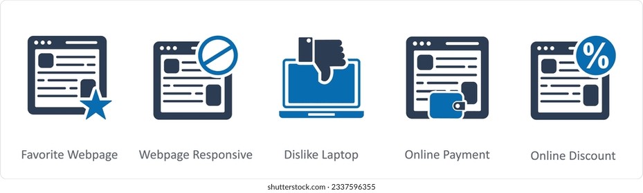 A set of 5 Internet icons as favorite webpage, webpage responsive, dislike laptop