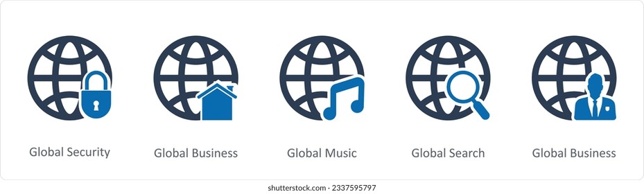 A set of 5 Internet icons as global security, global business, global music