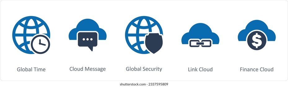Un conjunto de 5 iconos de Internet como tiempo global, mensaje en la nube, seguridad global