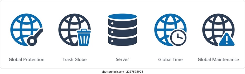 A set of 5 Internet icons as global protection, trash globe, server
