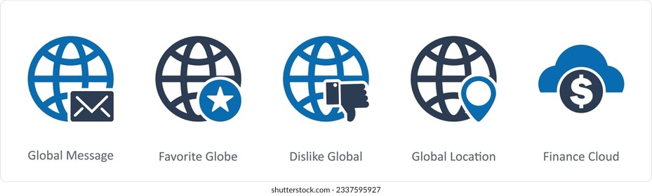 Eine Reihe von 5 Internet-Symbolen als globale Botschaft, Lieblingswelt, im Gegensatz zu globalen