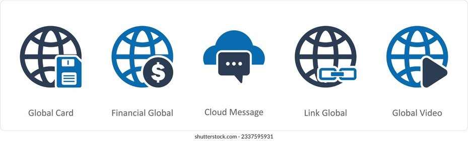 A set of 5 Internet icons as global card, financial global, cloud message