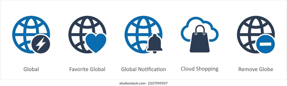 A set of 5 Internet icons as global, favorite global, global notification