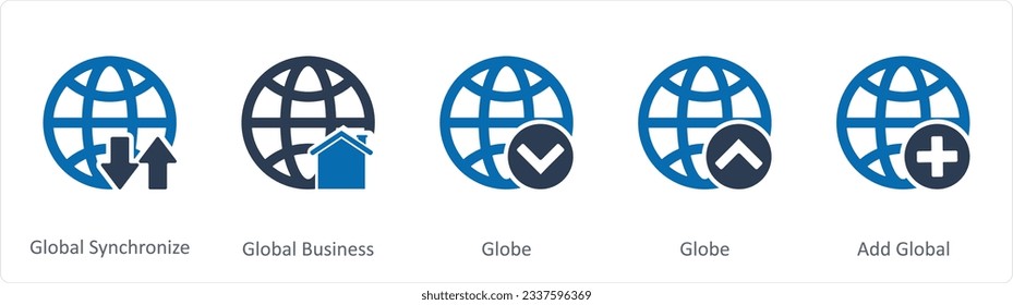 A set of 5 Internet icons as global synchronize, global business, globe