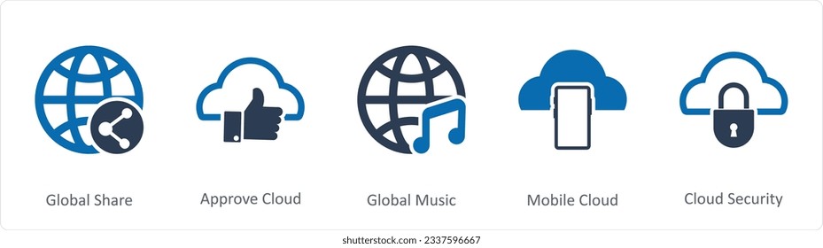 A set of 5 Internet icons as global share, approve cloud, global music