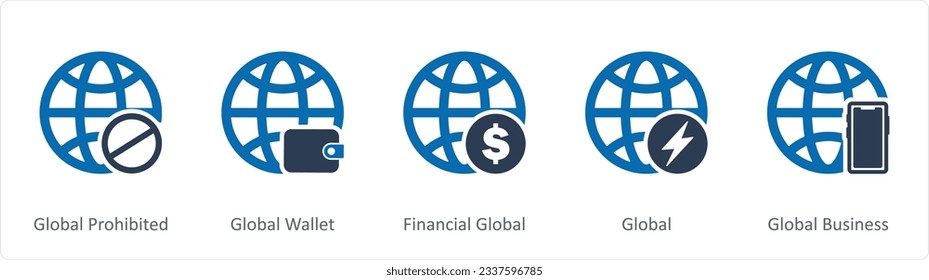 A set of 5 Internet icons as global prohibited, global wallet, financial global