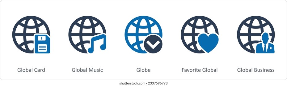 Un conjunto de 5 iconos de Internet como tarjeta global, música global, globo
