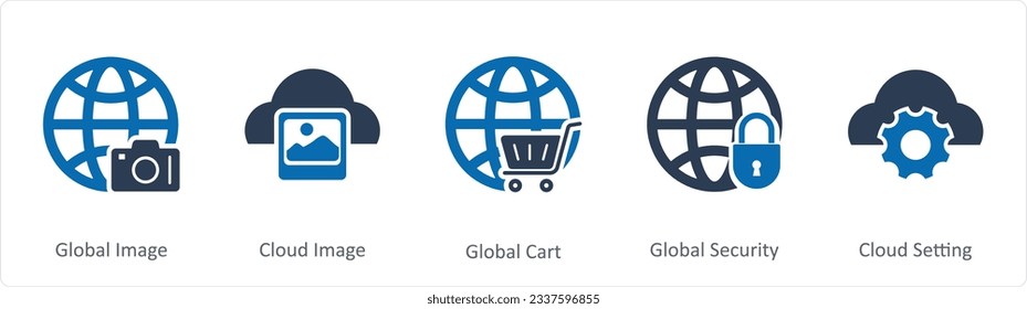 A set of 5 Internet icons as global image, cloud image, global cart