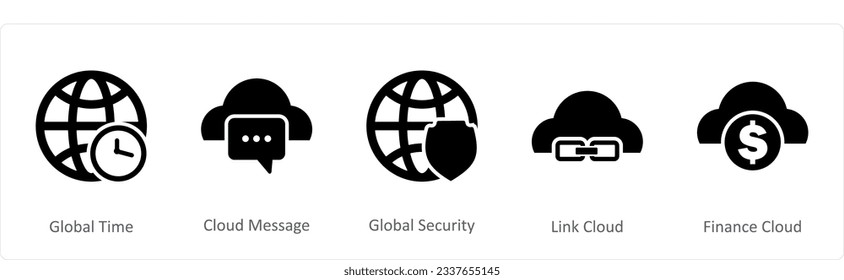 A set of 5 Internet icons as global time, cloud message, global security
