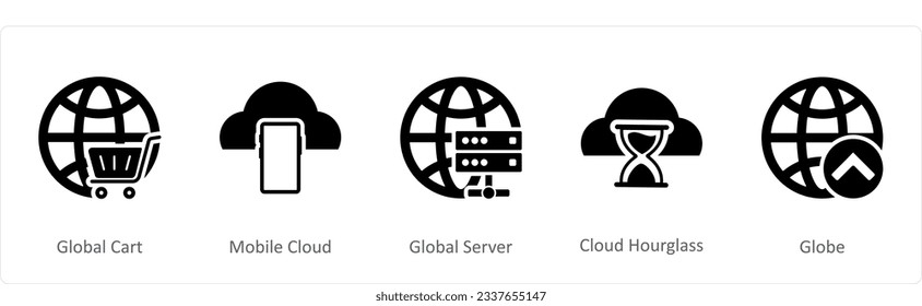 A set of 5 Internet icons as global cart, mobile cloud, global server