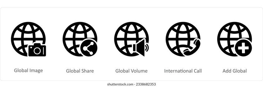 A set of 5 Internet icons as global image, global share, global volume