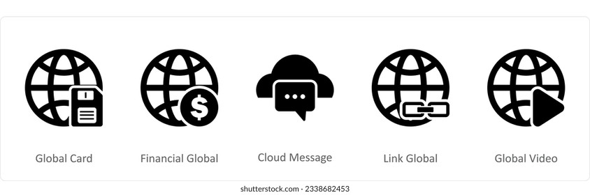 Un conjunto de 5 iconos de Internet como tarjeta global, global financiero, mensaje en la nube