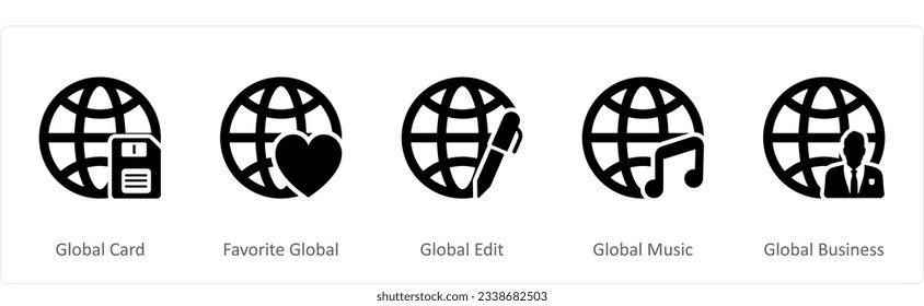 A set of 5 Internet icons as global card, favorite global, global edit