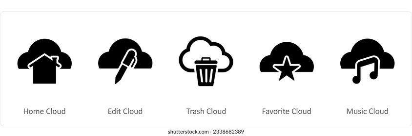 A set of 5 Internet icons as home cloud, edit cloud, trash cloud