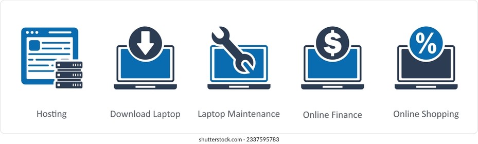 A set of 5 Internet icons as hosting, download laptop, laptop maintenance