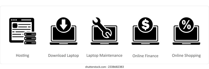 A set of 5 Internet icons as hosting, download laptop, laptop maintenance