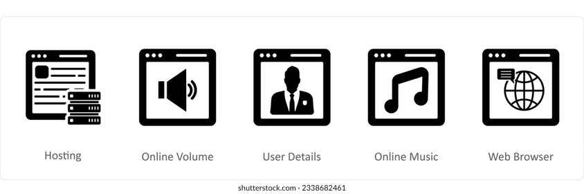 A set of 5 Internet icons as hosting, online volume, user details