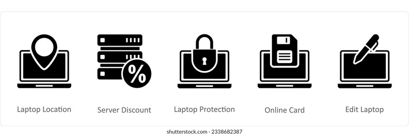 A set of 5 Internet icons as laptop location, server discount, laptop protection