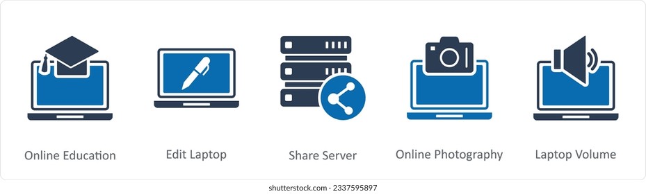 Un conjunto de 5 iconos de Internet como educación en línea, edición de laptop, servidor compartido