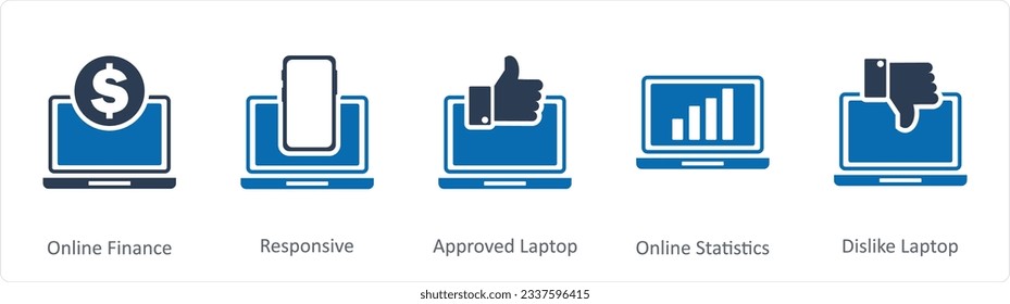 A set of 5 Internet icons as online finance, responsive, approve laptop