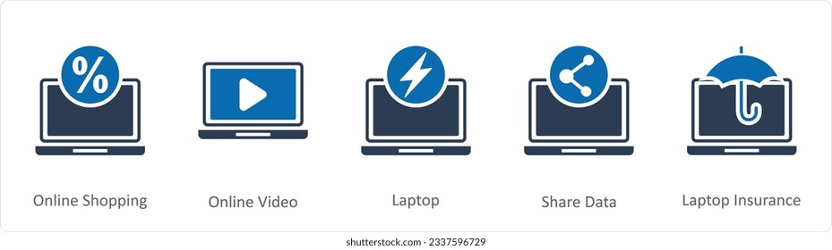 A set of 5 Internet icons as online shopping, online video, laptop