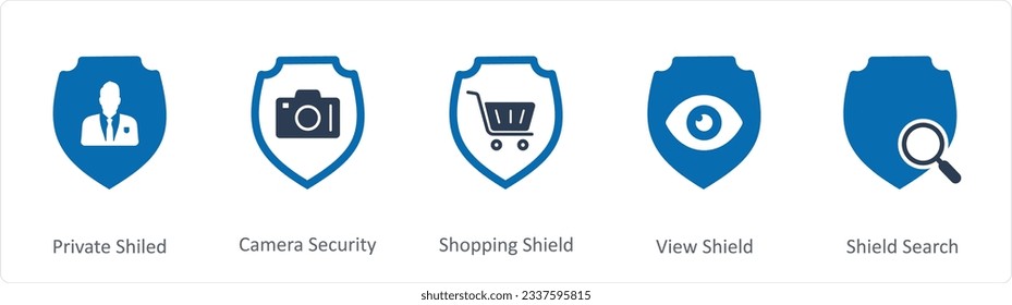 Un conjunto de 5 iconos de Internet como escudo privado, seguridad de la cámara, escudo de compras