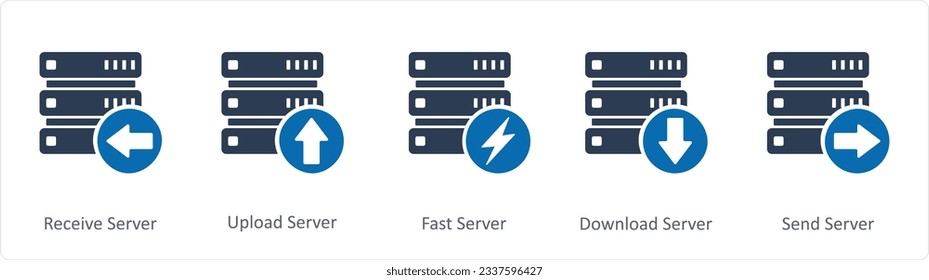 A set of 5 Internet icons as receive server, upload server, fast server