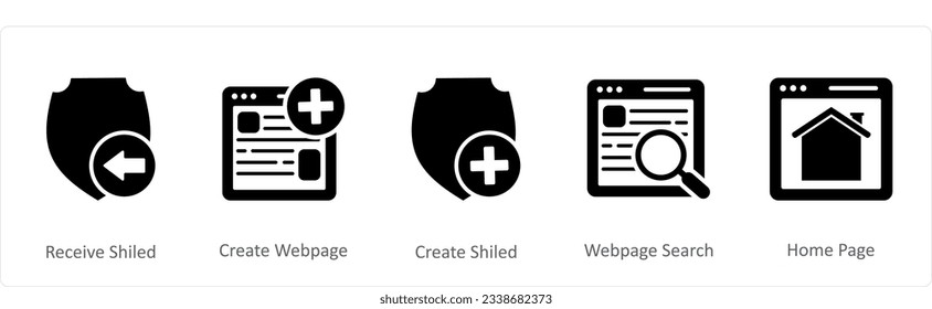 A set of 5 Internet icons as receive shield, create webpage, create shield