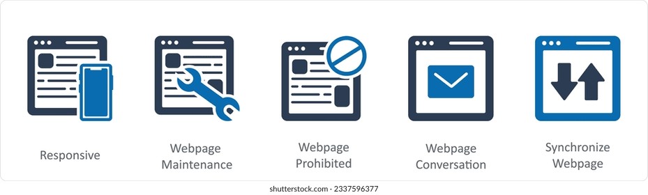 A set of 5 Internet icons as responsive, webpage maintenance, webpage prohibited