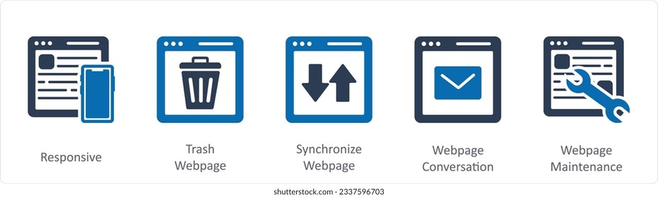 Ein Satz von 5 Internet-Symbolen als reaktionsschnell, Müllseite, synchronisieren Webseite