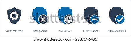 A set of 5 Internet icons as security setting, wrong shield, shield time