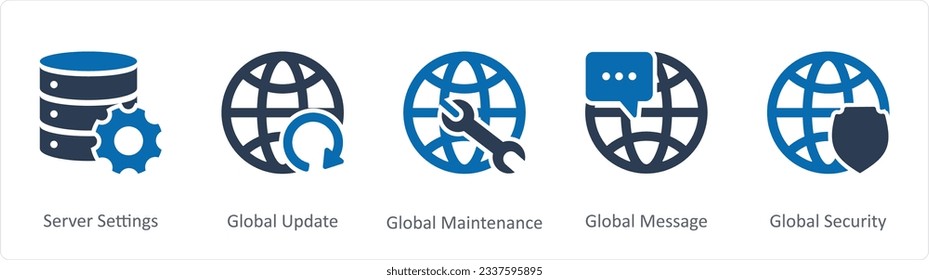 A set of 5 Internet icons as server settings, global update, global maintenance